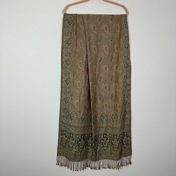 Green Tan Paisley Fringe Rectangle Scarf Multi Color Floral Bohemian 78” X 27” - Picture 1 of 5